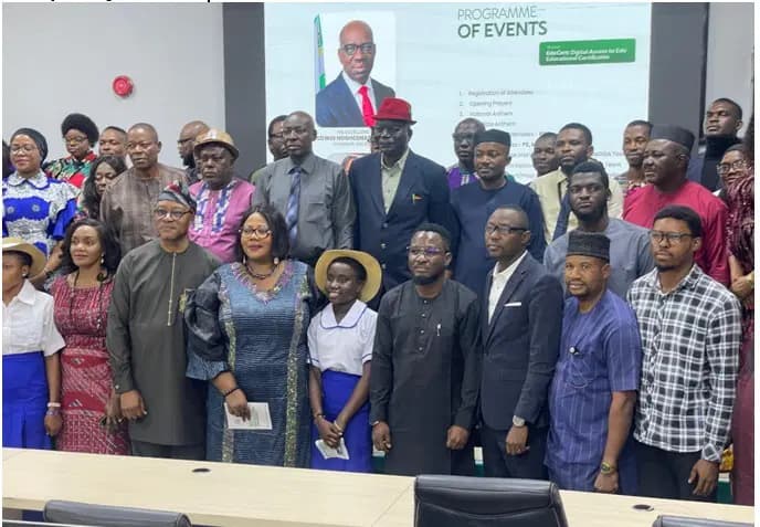 Edo State Commissioner for Education, Dr. Joan Oviawe, Permanent Secretary Ministry of Education, Mr. Ojo Akin-Lounge and some of the stakeholders during the launch of EdoCert digital platform in Benin City.