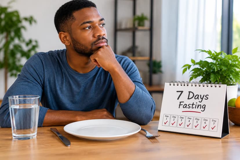 Man sitting at a table with water and a seven-day fasting calendar, illustrating the effects of prolonged fasting on the human body