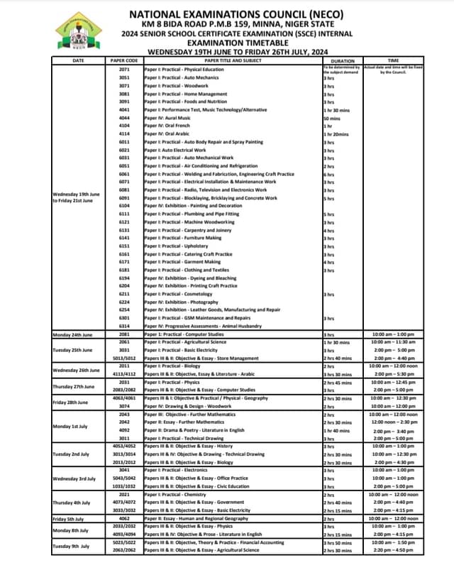 Official NECO Timetable 2024 For June/July (SSCE INTERNAL)