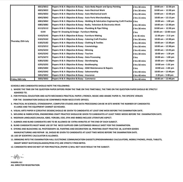 Official NECO Timetable 2024 For June/July (SSCE INTERNAL)