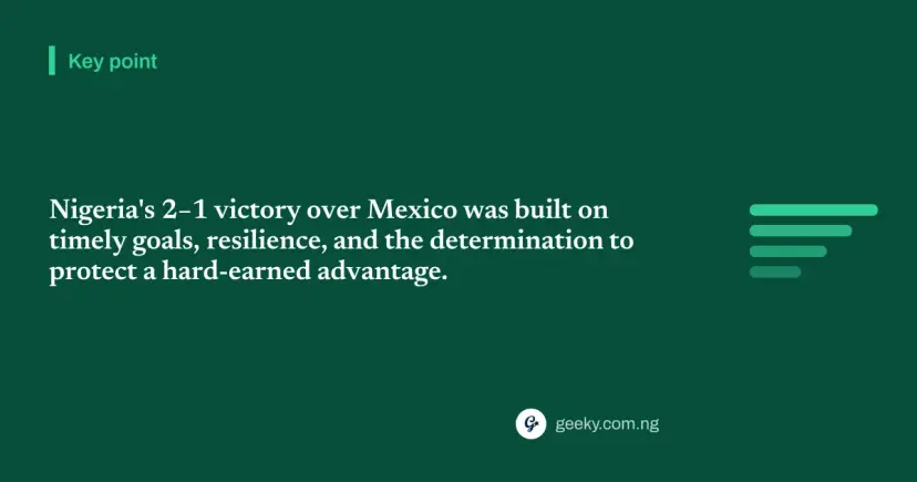 Key point: Nigeria's 2–1 victory over Mexico was built on timely goals, resilience, and the determination to protect a hard-earned advantage.