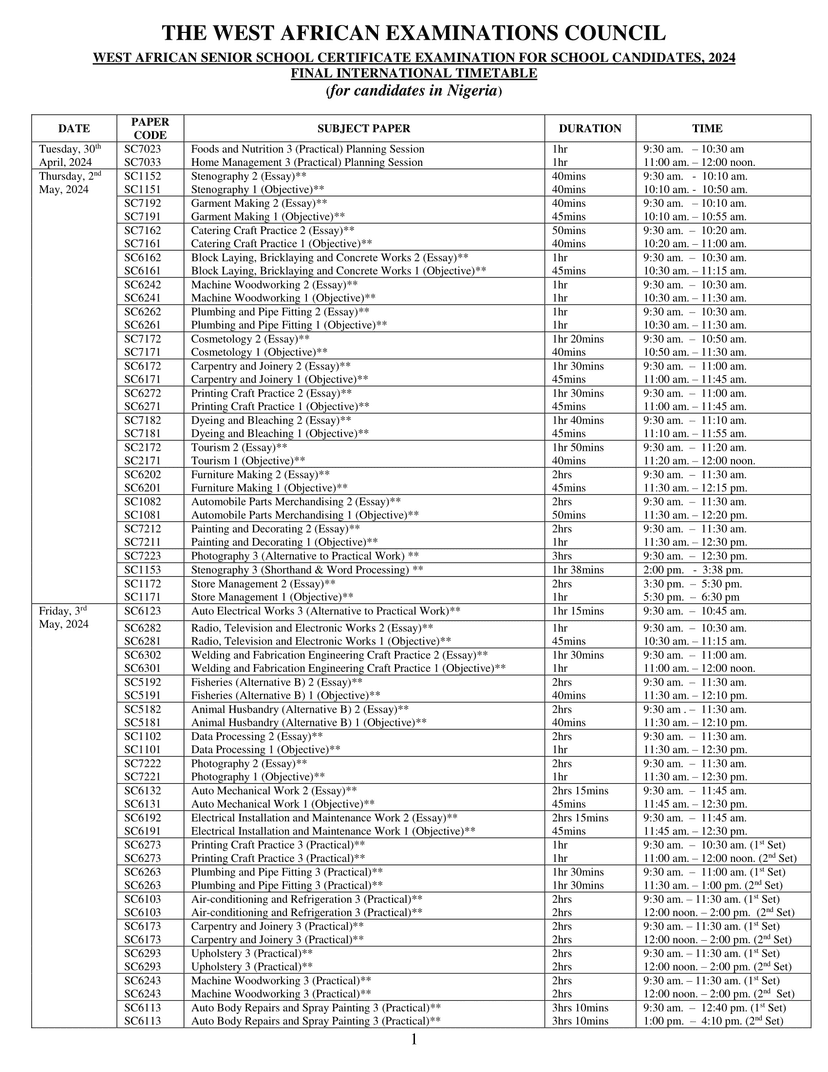 current_timetable-1 Official WAEC Timetable 2024 For May/June (Nigeria)