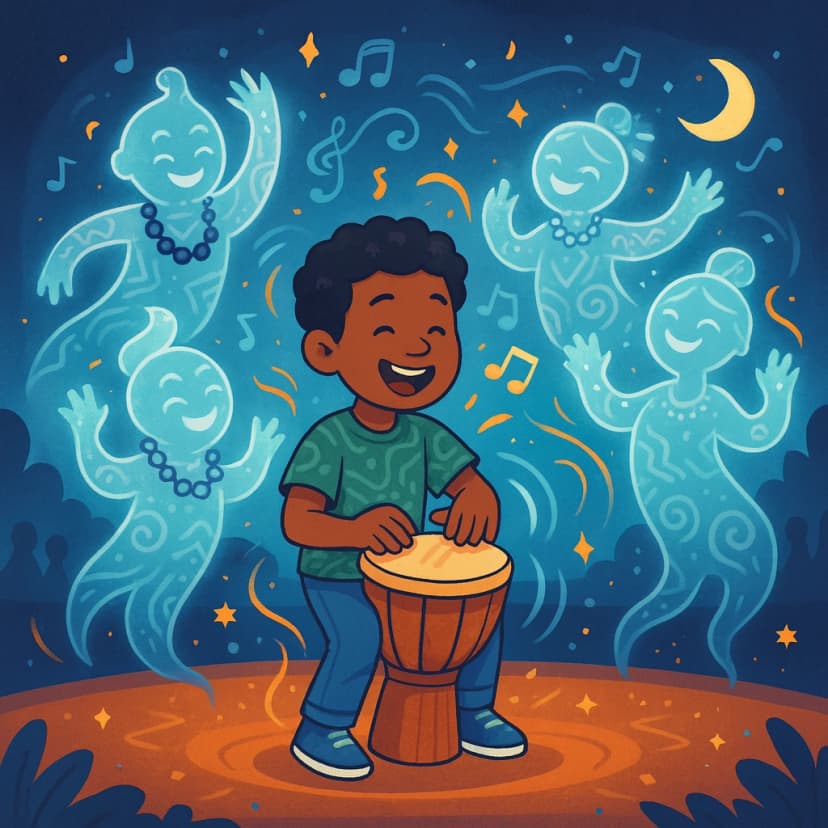 Aremo playing his drum while the spirits dance happily around him